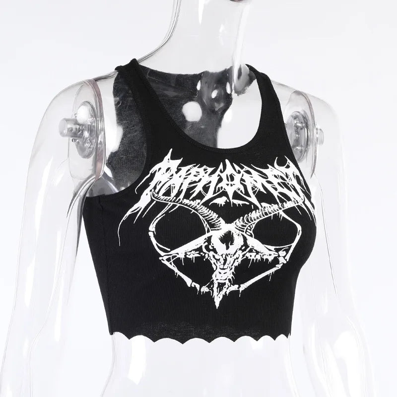 Gothic Knitted Punk Black Tank Tops Mall Goth Grunge Goat Print Harajuku Women Crop Tops Skinny Sleeveless Streetwear - UT KICK ASStop14:193;5:361386