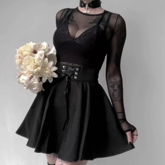 Japanese - Style Hipster Black JK Bubble Skirt Women's Lace - up Back Zip Ins Girl's Pleated mini gothic black skirt - UT KICK ASSdress14:193#9518 - HS;5:361386