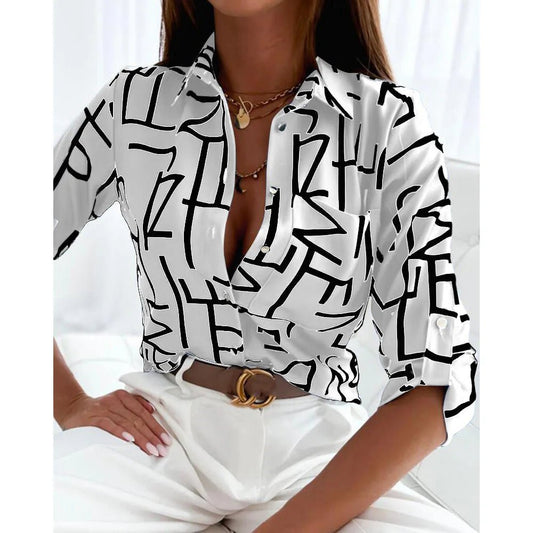 Letter Print Blouse Shirt S - 2XL Women 2024 Spring Autumn Temperament Top Long Sleeve Elegant Office Ladies Slim Fit Pocket Shirt - UT KICK ASStop14:173;5:100014064