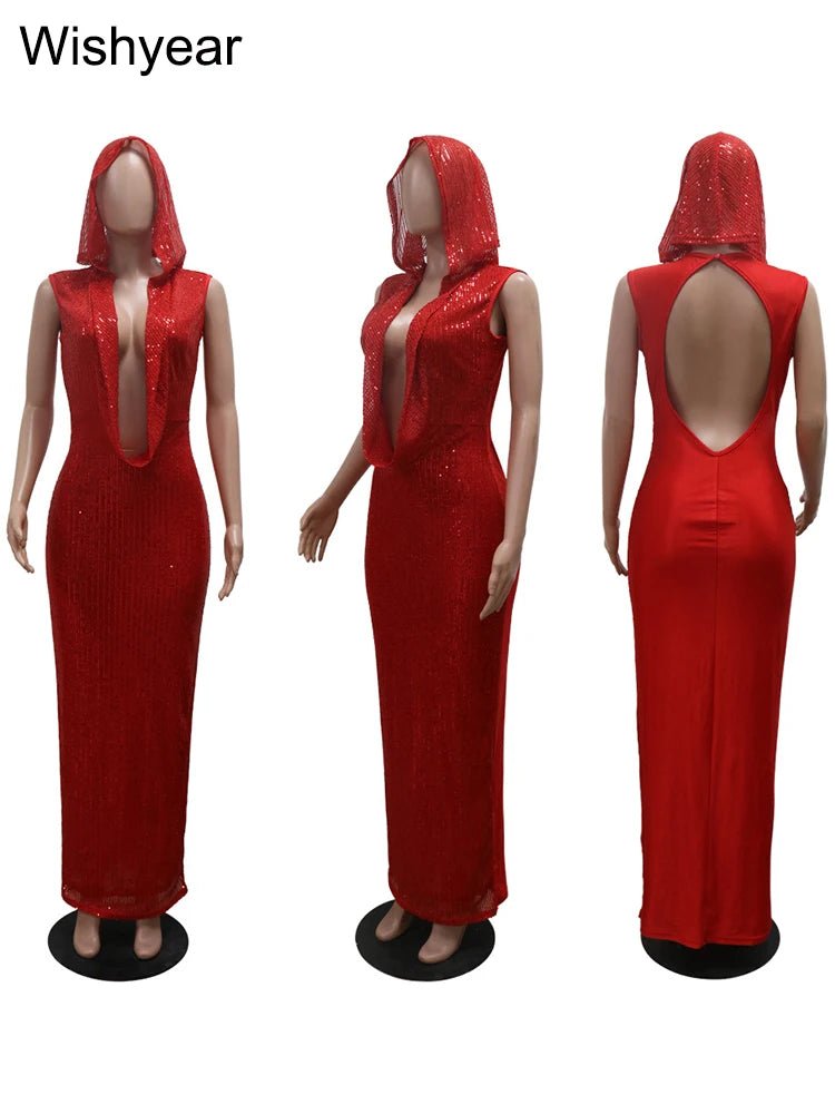 New Luxury Birthday Red Hooded Dress S - 2XL Women Sexy Deep V Neck Sequins Glitter Mesh See Through Back Open Sparkly Evening Robe - UT KICK ASSladies14:771#pink dress;5:361385