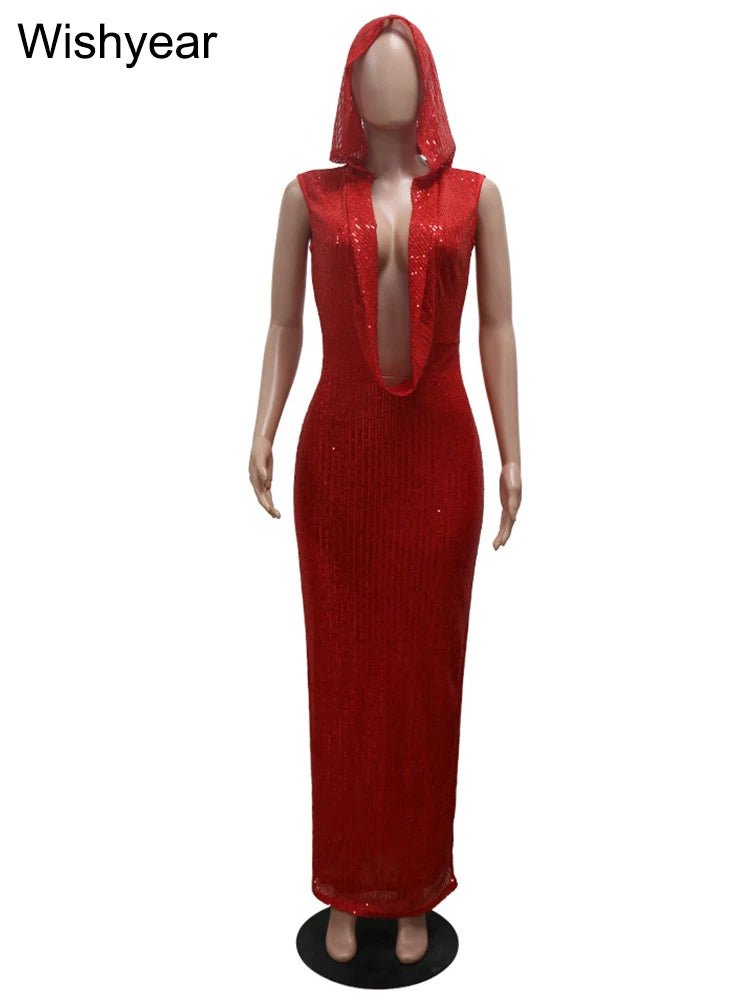 New Luxury Birthday Red Hooded Dress S - 2XL Women Sexy Deep V Neck Sequins Glitter Mesh See Through Back Open Sparkly Evening Robe - UT KICK ASSladies14:771#pink dress;5:361385