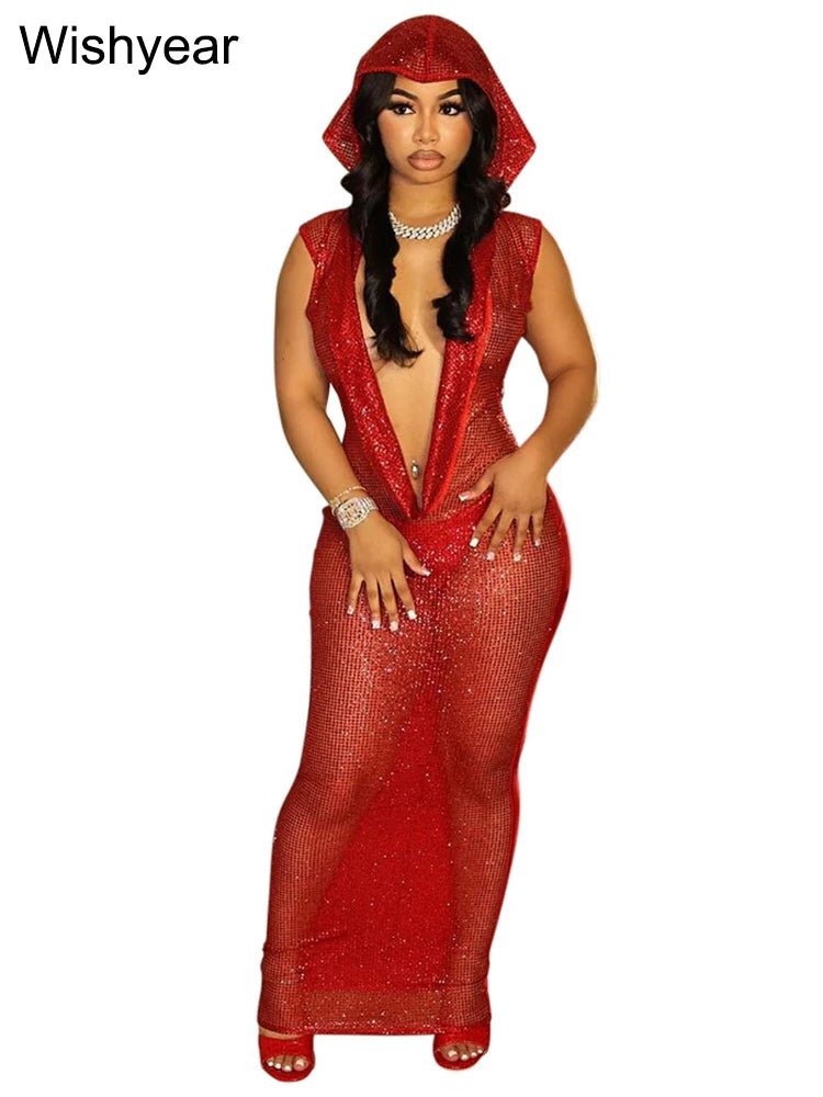 New Luxury Birthday Red Hooded Dress S - 2XL Women Sexy Deep V Neck Sequins Glitter Mesh See Through Back Open Sparkly Evening Robe - UT KICK ASSladies14:193#red dress;5:4182