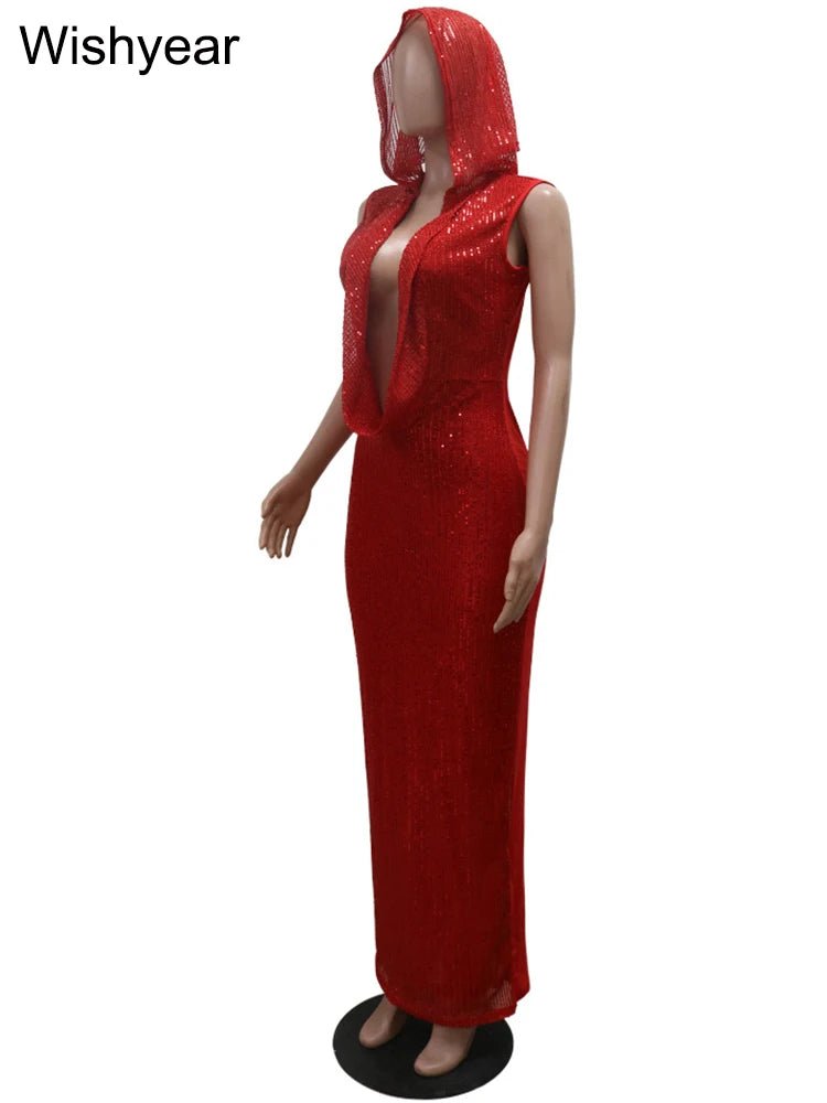 New Luxury Birthday Red Hooded Dress S - 2XL Women Sexy Deep V Neck Sequins Glitter Mesh See Through Back Open Sparkly Evening Robe - UT KICK ASSladies14:771#pink dress;5:361385