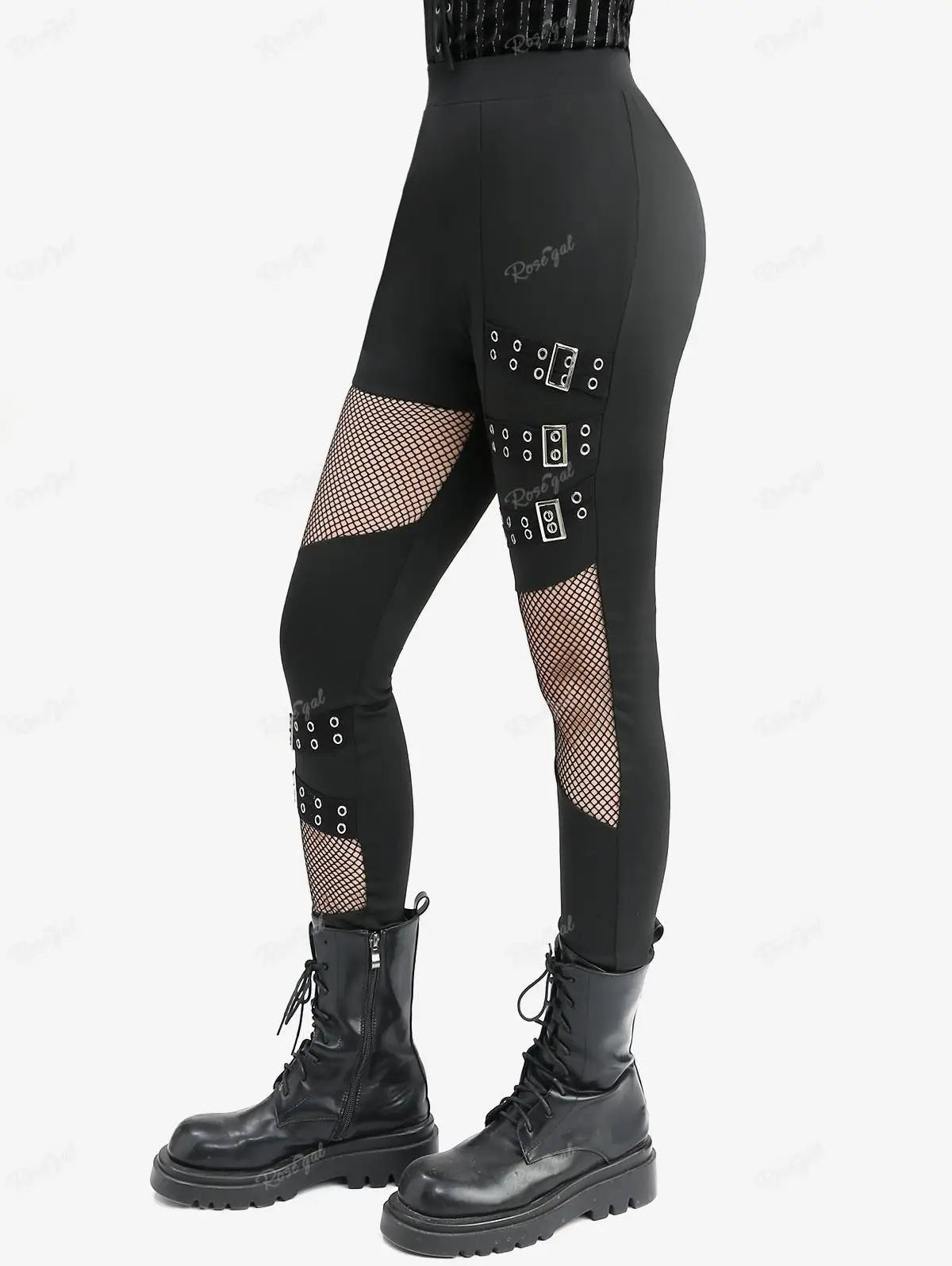 Pants Black Gothic Fishnet S - 3XL ROSEGAL Plus Size Women Elastic Waist Hollow Out Patchwork Buckle Grommet Skinny Pant Bottoms - UT KICK ASSladies14:365458#Black 01;5:4183