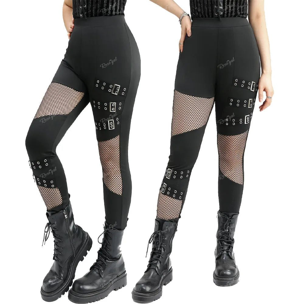 Pants Black Gothic Fishnet S - 3XL ROSEGAL Plus Size Women Elastic Waist Hollow Out Patchwork Buckle Grommet Skinny Pant Bottoms - UT KICK ASSladies14:365458#Black 01;5:4183