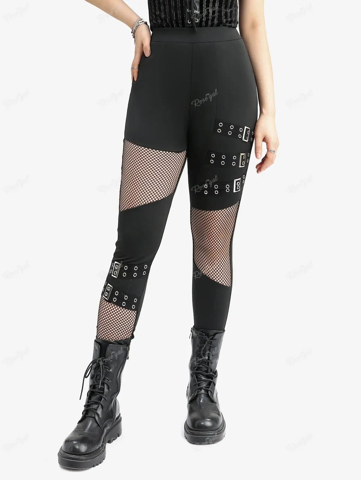 Pants Black Gothic Fishnet S - 3XL ROSEGAL Plus Size Women Elastic Waist Hollow Out Patchwork Buckle Grommet Skinny Pant Bottoms - UT KICK ASSladies14:365458#Black 01;5:4183