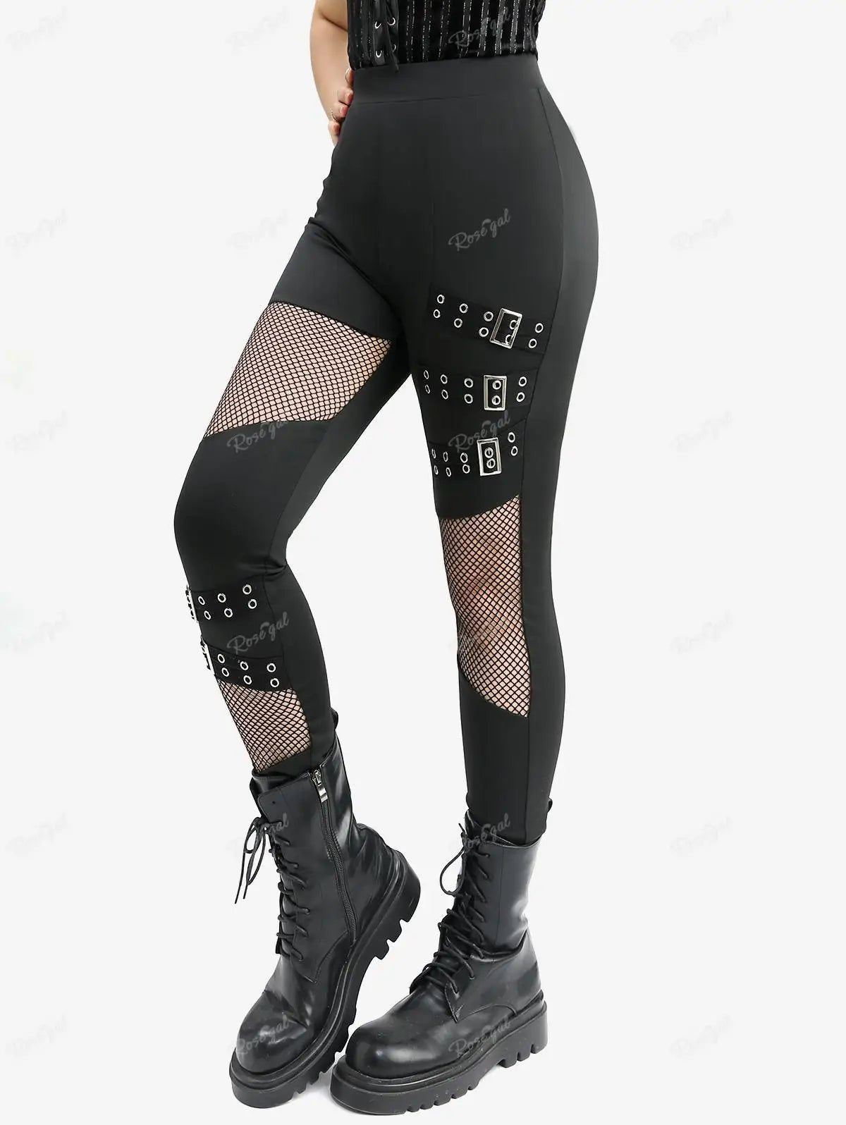 Pants Black Gothic Fishnet S - 3XL ROSEGAL Plus Size Women Elastic Waist Hollow Out Patchwork Buckle Grommet Skinny Pant Bottoms - UT KICK ASSladies14:365458#Black 01;5:4183