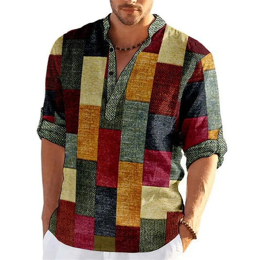 Patchwork 3D Print S - 3XL Color Block Henley Shirts Men's Fashion Vintage Stand Collar Long Sleeve Shirt Male Tops Blouse Man Clothing - UT KICK ASSshirt14:200002130#B80SF3G20240319V;5:4183#3XL