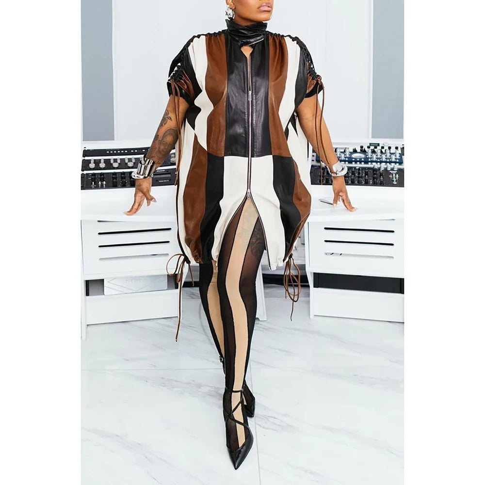 Plus Size 1XL - 5X Party Dress Brown Ruched Faux Leather Colorblock Mini Dress - UT KICK ASSdress14:365458#Brown;5:23800842157