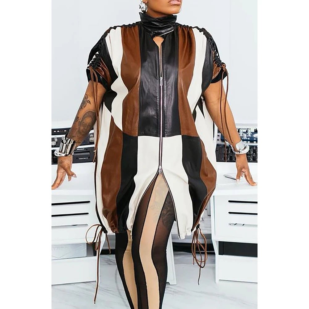 Plus Size 1XL - 5X Party Dress Brown Ruched Faux Leather Colorblock Mini Dress - UT KICK ASSdress14:365458#Brown;5:23800842157