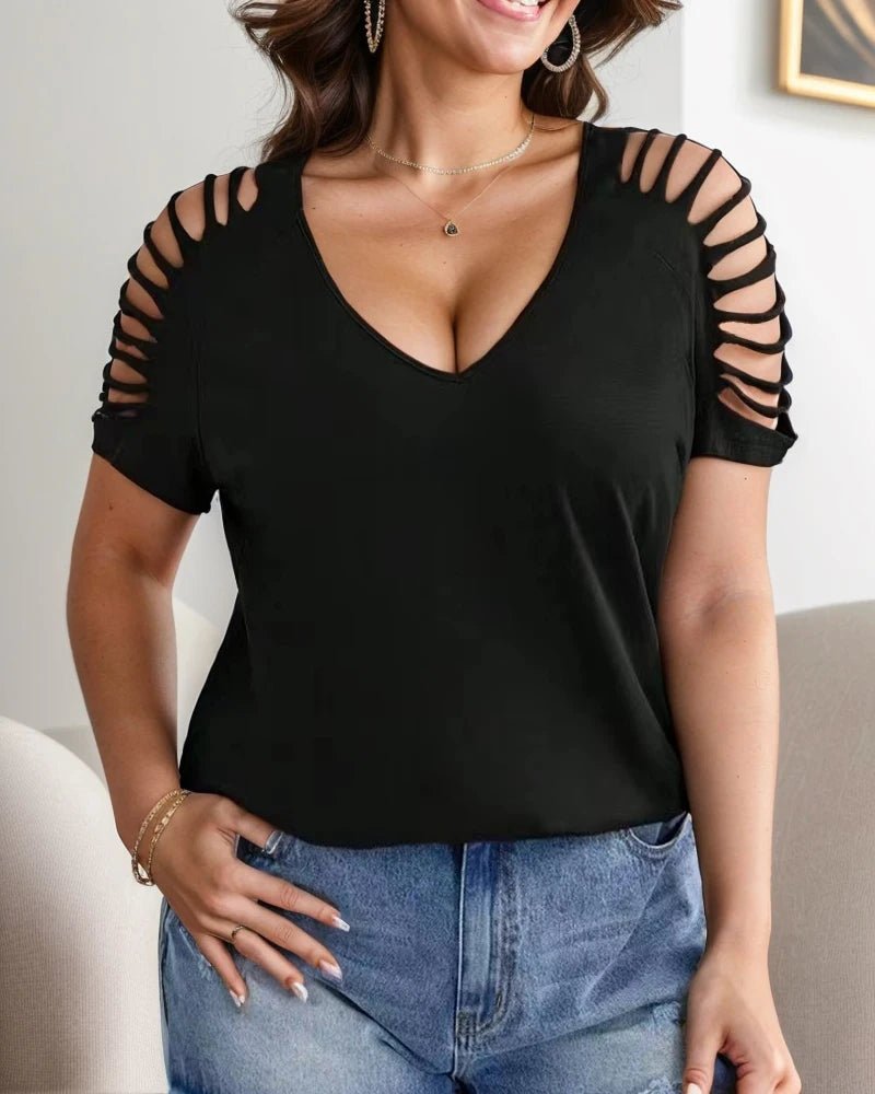 Plus Size European and American Cross Border XL - 3XL Women's V Neck Casual Hollow Short - UT KICK ASStop14:193#Black;5:100014065