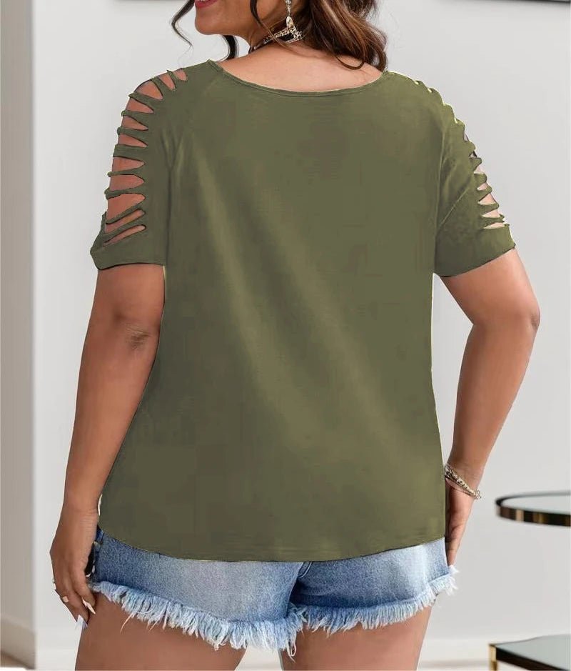 Plus Size European and American Cross Border XL - 3XL Women's V Neck Casual Hollow Short - UT KICK ASStop14:193#Black;5:100014065