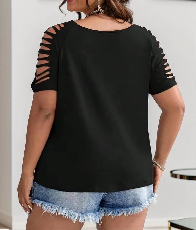 Plus Size European and American Cross Border XL - 3XL Women's V Neck Casual Hollow Short - UT KICK ASStop14:193#Black;5:100014065