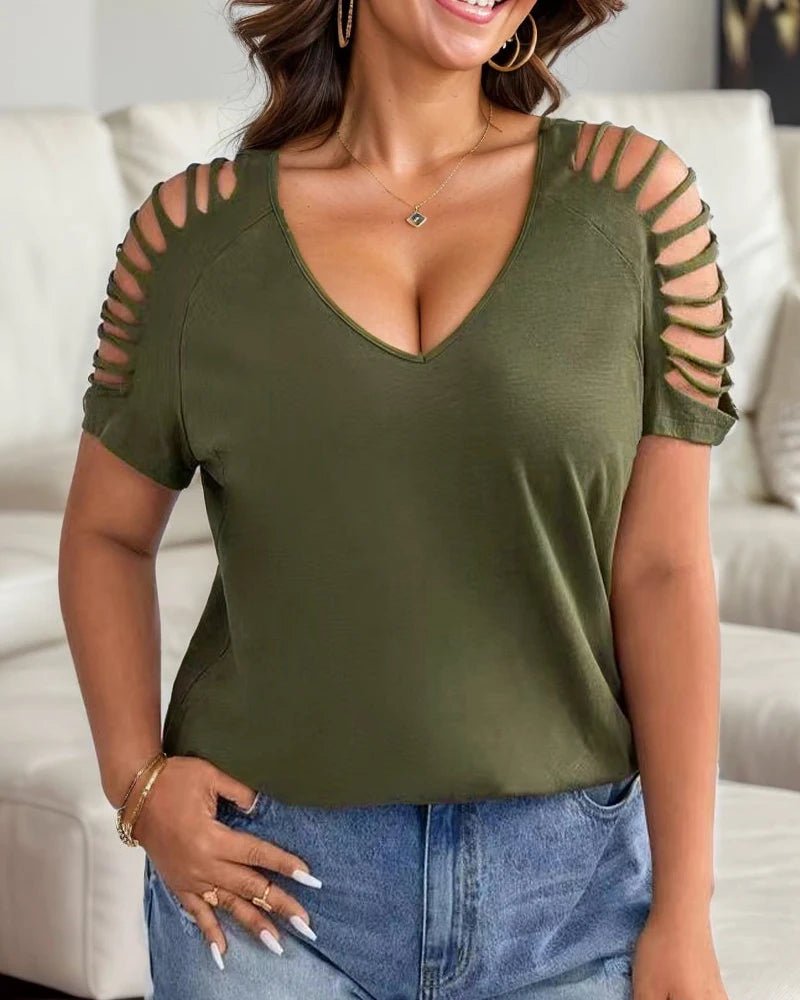 Plus Size European and American Cross Border XL - 3XL Women's V Neck Casual Hollow Short - UT KICK ASStop14:200004889#ArmyGreen;5:200000990