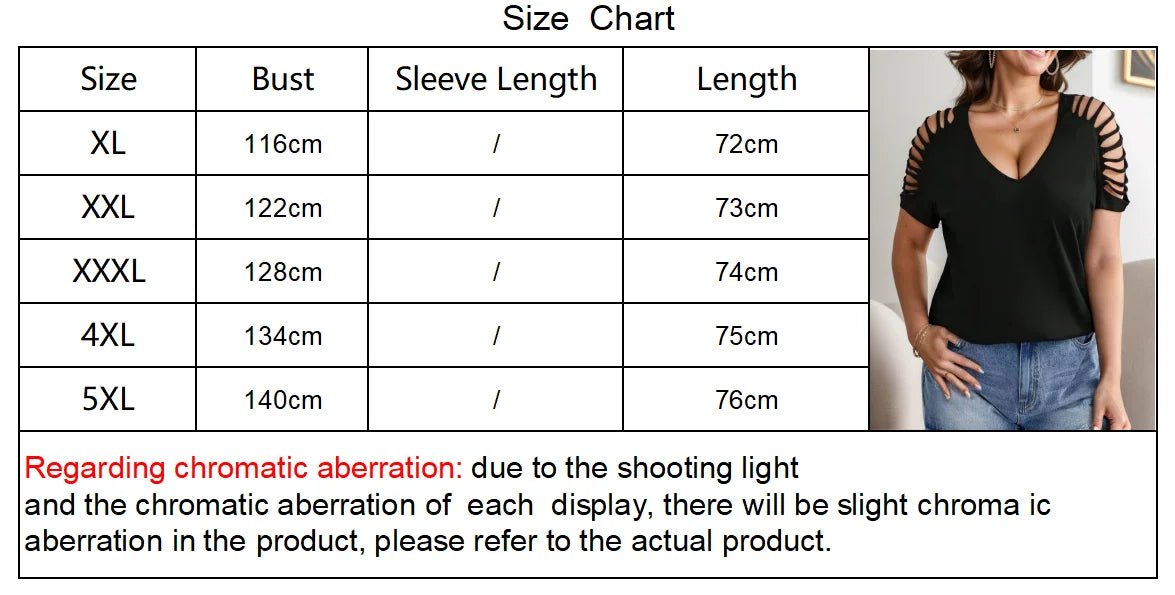 Plus Size European and American Cross Border XL - 3XL Women's V Neck Casual Hollow Short - UT KICK ASStop14:193#Black;5:100014065