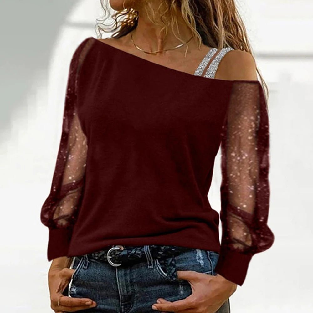 Plus Size L - 3XL Women Autumn Sexy Lace Mesh Long Sleeve T-Shirt Tops Ladies Off Shoulder Casual Blouse High Quality Clothing - UT KICK ASStop14:173;5:4183
