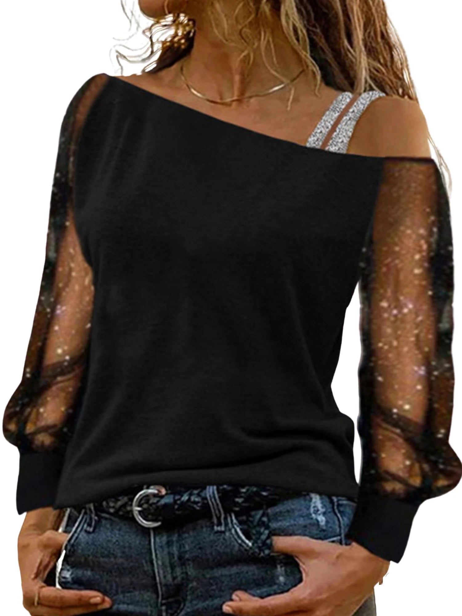 Plus Size L - 3XL Women Autumn Sexy Lace Mesh Long Sleeve T-Shirt Tops Ladies Off Shoulder Casual Blouse High Quality Clothing - UT KICK ASStop14:173;5:4183