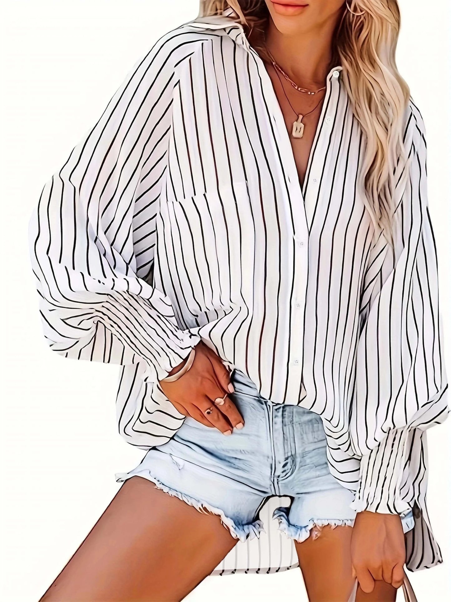 Plus Size L - 5xl Women's Button Down Shirt Long Puff Sleeve V Neck Striped Shirts Casual Blouse Tops - UT KICK ASStop14:21913908#white;5:4182