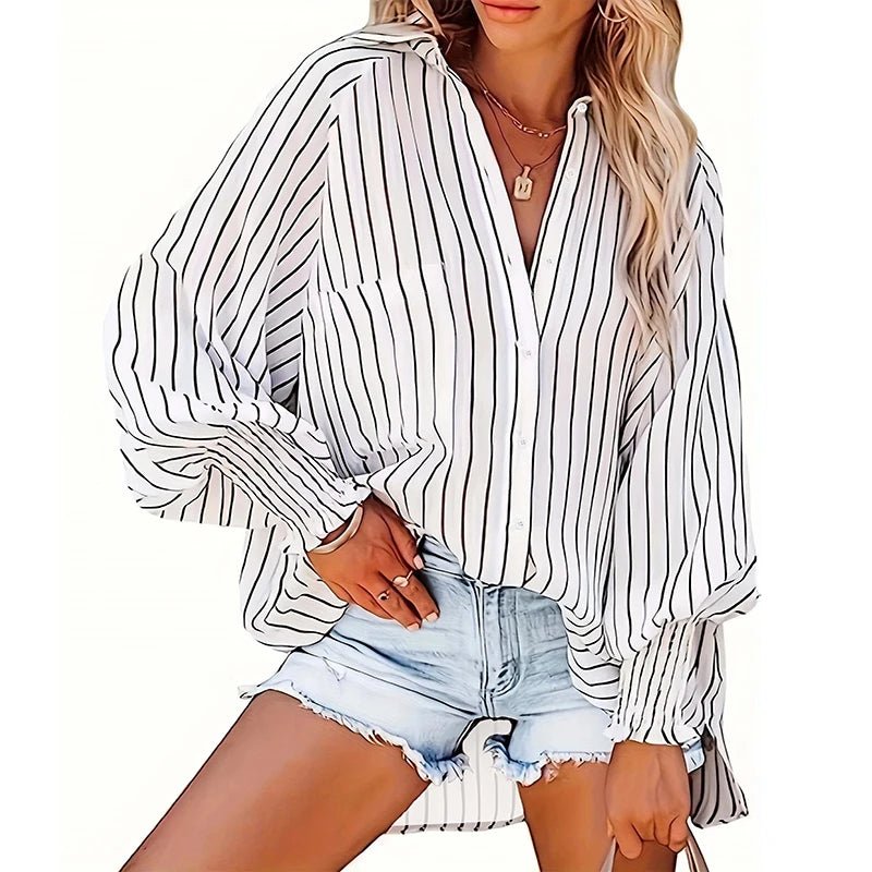 Plus Size L - 5xl Women's Button Down Shirt Long Puff Sleeve V Neck Striped Shirts Casual Blouse Tops - UT KICK ASStop14:21913908#white;5:4182