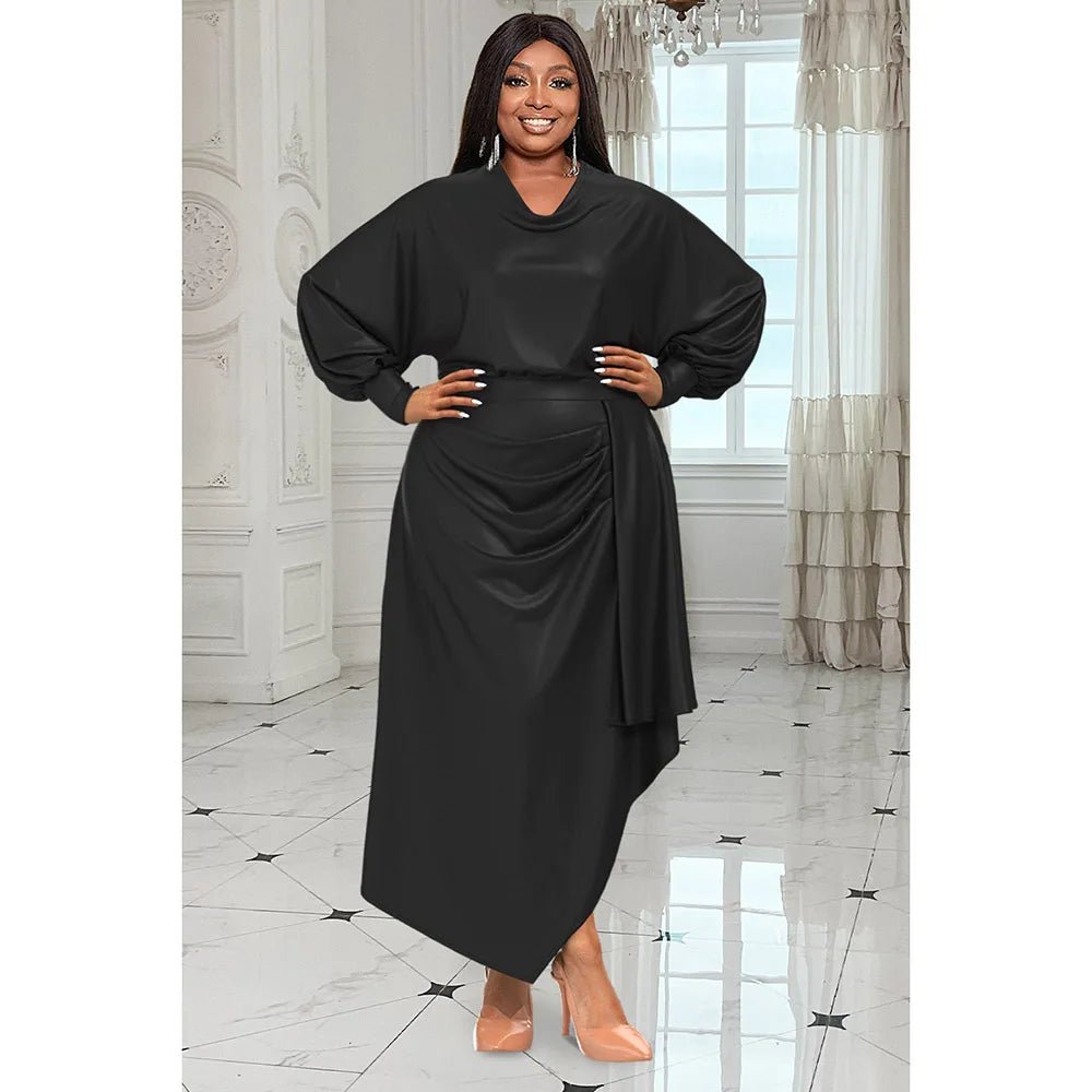 Plus Size Women's Everyday Dress Brown V Neck Long Sleeve Irregular Spring and Summer Satin Cinched Waist Maxi Dress - UT KICK ASSdress14:193;5:200000990