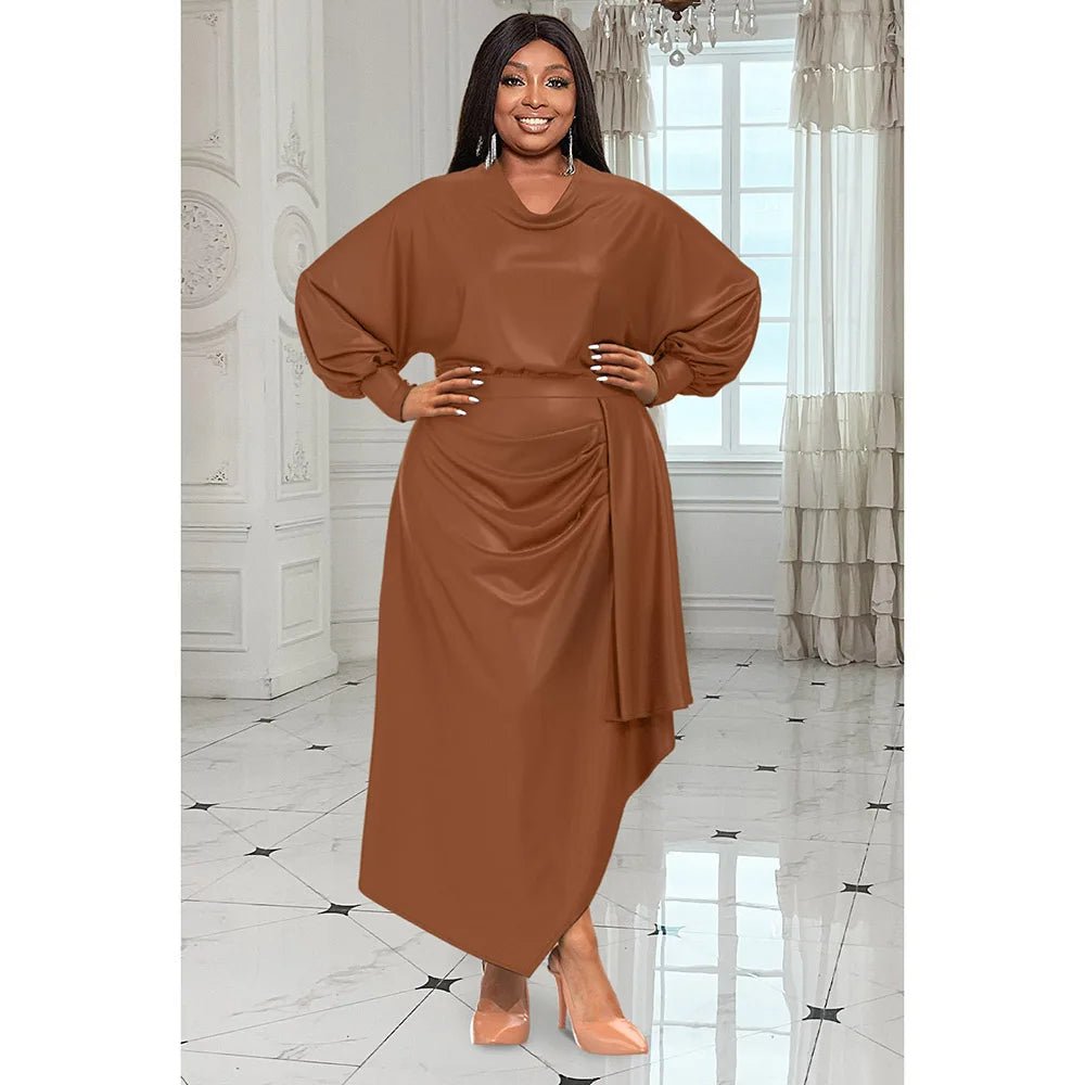 Plus Size Women's Everyday Dress Brown V Neck Long Sleeve Irregular Spring and Summer Satin Cinched Waist Maxi Dress - UT KICK ASSdress14:193;5:200000990