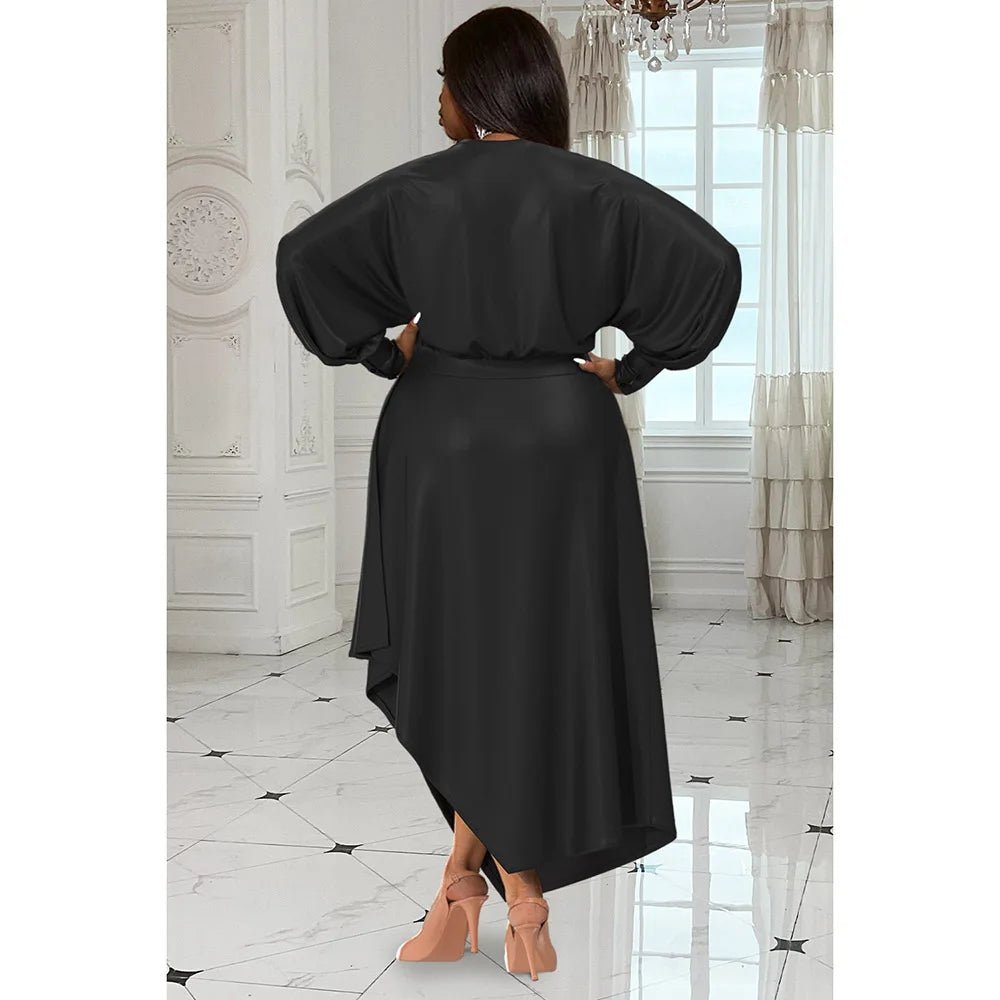 Plus Size Women's Everyday Dress Brown V Neck Long Sleeve Irregular Spring and Summer Satin Cinched Waist Maxi Dress - UT KICK ASSdress14:193;5:200000990