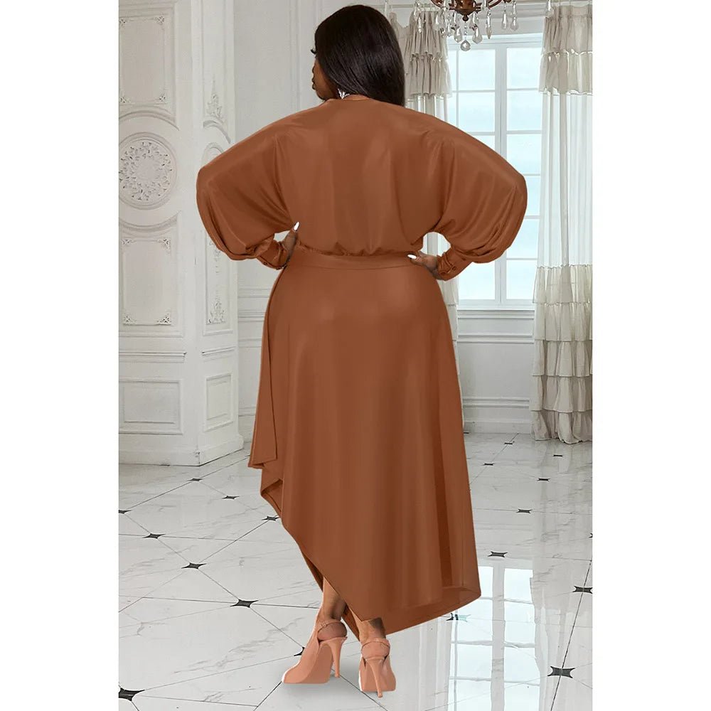 Plus Size Women's Everyday Dress Brown V Neck Long Sleeve Irregular Spring and Summer Satin Cinched Waist Maxi Dress - UT KICK ASSdress14:193;5:200000990