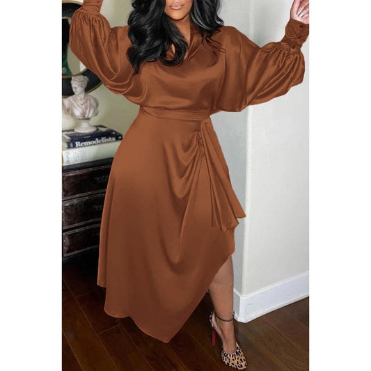 Plus Size Women's Everyday Dress Brown V Neck Long Sleeve Irregular Spring and Summer Satin Cinched Waist Maxi Dress - UT KICK ASSLadies Plus14:193;5:200000990