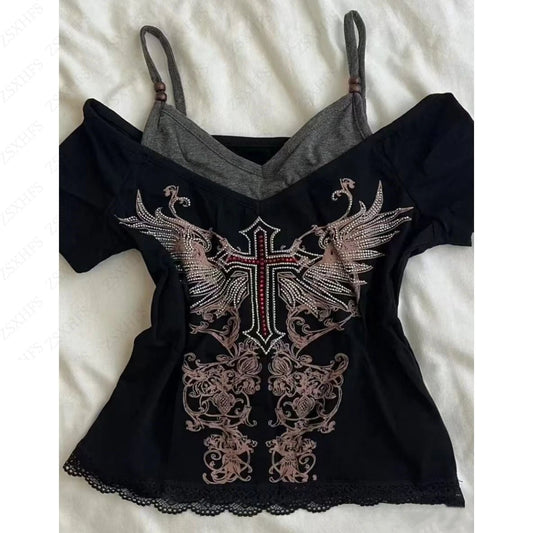 Punk Vintage 90s Women Clothes Gothic Sexy Casual Grunge T Shirts Streetwear Crop Top Lace Aesthetic Femme Harajuku Y2k Clothing - UT KICK ASStshirt14:193;5:100014064