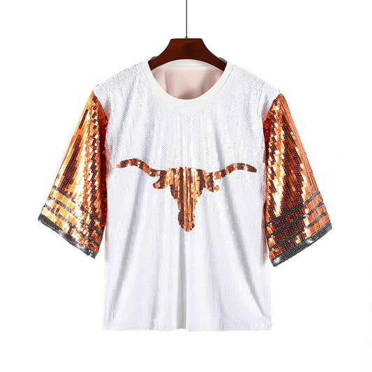 Sequin Longhorn Jersey Top Austin Game Day Shirt Texas Bevo - UT KICK ASSApparel14:29#white;5:200003528