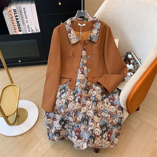 Spring and Autumn New Plus Size 2XL - 6XL Women's American Retro Suit Short Lapel Loose Jacket Bear Printing Casual Halter Dresses - UT KICK ASSLadies Plus14:365458#brown;5:200000990