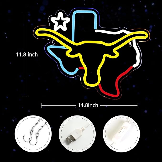 TEXAS Longhorn Neon Sign LED TEXAS Neon Light Sign USB Powered for Man Cave Room Bar TEXAS Wall Decor Western Gift for Friends Colleague Partner 15 * 12 IN - UT KICK ASSsign