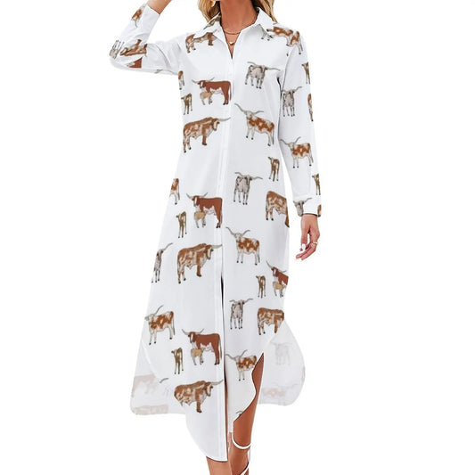 Texas Longhorn Pattern Transparent Long Sleeved Shirt White Dress Womens dresses Long dress woman - UT KICK ASSdress14:29#White;5:4183