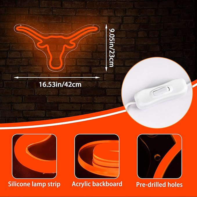 Texas Neon Sign for Wall Decor,College Neon Led Sign for Bedroom,Ox Horn Neon Signs for Man Cave,Dorm Decaration,Universiy Logo Neon Sign for Room Decor,Graduation Gifts ,Size 14.6*8.3 inches(FMXD096) - UT KICK ASSsign