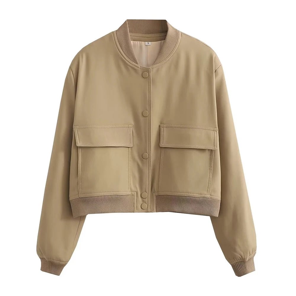TRAF Women Fashion With Pockets Bomber Jacket Coats Vintage Long Sleeve Front Button Casual Female Outerwear Chic Tops - UT KICK ASSjacket14:200001438#as picture;5:361385