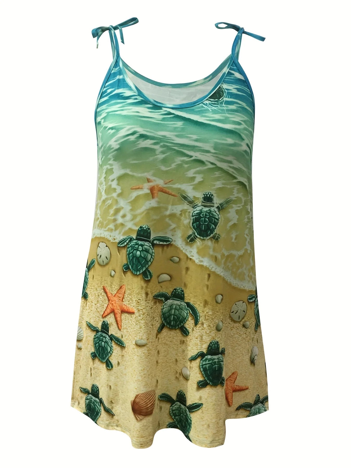 Turtle Print Plus Size 1XL - 5XL Slip Dress Casual Crew Neck Lace Up Dress For Spring & Summer Women's Plus Size Clothing - UT KICK ASSladies14:12522879875#Mixed Color;5:12668979