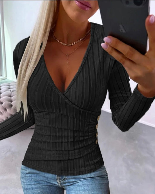 V - Neck S - 2XL 7 Colors Long Sleeve T-Shirt Women's Slim Top Spring Autumn Lady Button Knit Top - UT KICK ASStop14:350852#winered;5:100014065