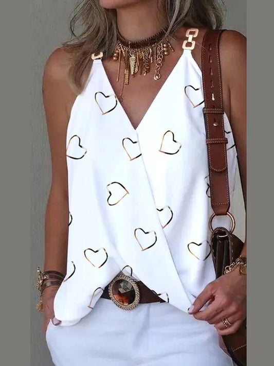 V - NeckElegant Blouse S - 2XL Women, Sexy Sleeveless Chain Print, Lady Casual Tops, White, Summer, 2024 - UT KICK ASStop14:100010417#Striped;5:4182