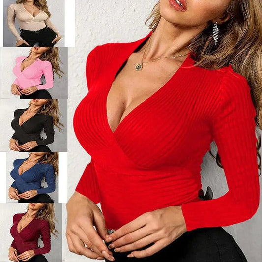 Woman Clothing Deep V Neck S - 3XL Long Sleeve Knitted High Stretch Ribbed Wrap Slim Fit Solid Sexy Female Top T-Shirt - UT KICK ASStop14:365458#White;5:100014065