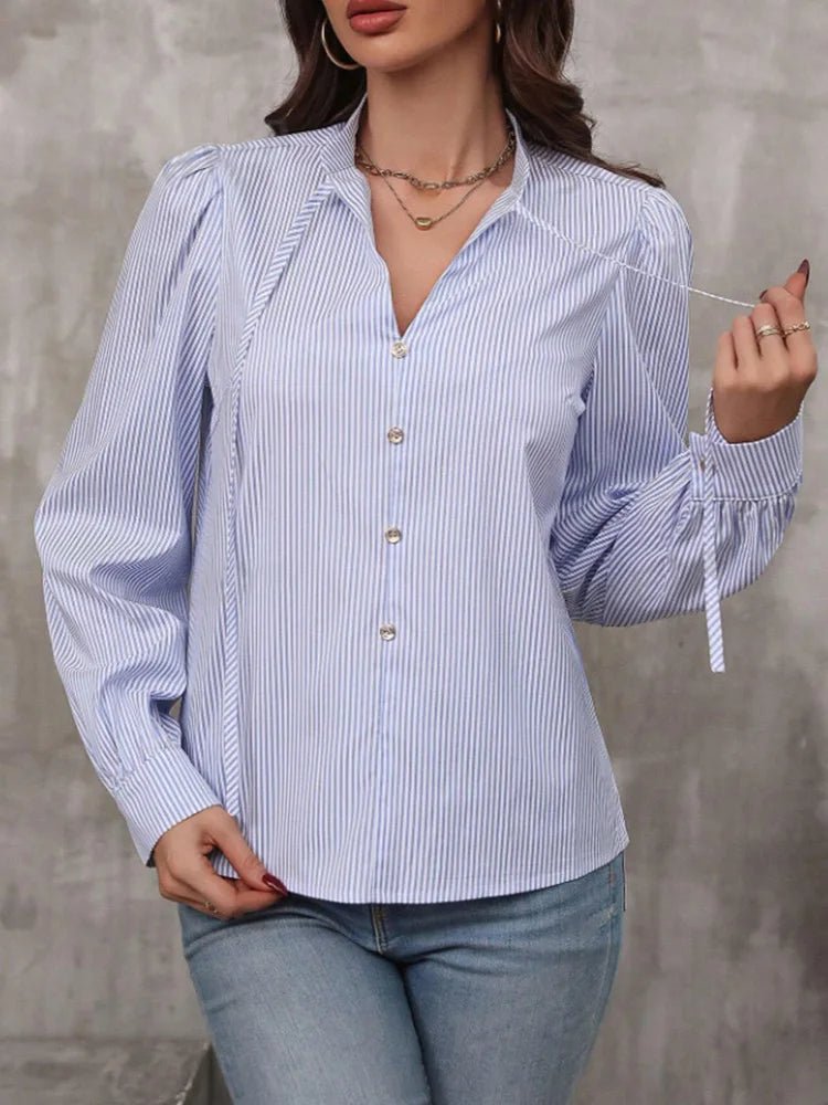 Women V - Neck Button Down S - XXL Long Sleeve Top Solid Color Striped Shirt Office Lady Work Clothes - UT KICK ASStop14:771#blue;5:100014064