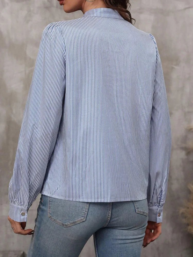 Women V - Neck Button Down S - XXL Long Sleeve Top Solid Color Striped Shirt Office Lady Work Clothes - UT KICK ASStop14:771#blue;5:100014064