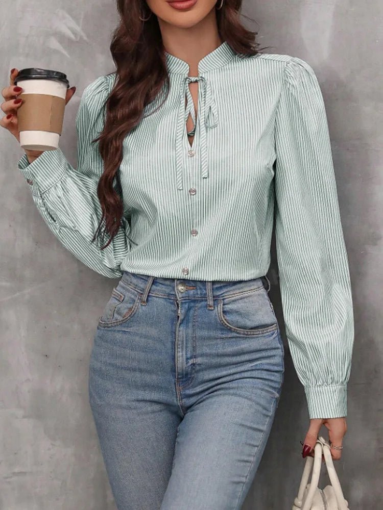 Women V - Neck Button Down S - XXL Long Sleeve Top Solid Color Striped Shirt Office Lady Work Clothes - UT KICK ASStop14:771#blue;5:100014064