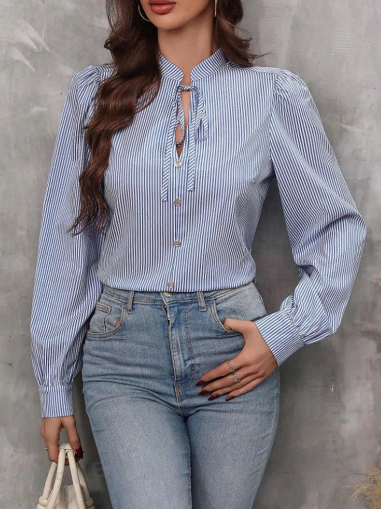 Women V - Neck Button Down S - XXL Long Sleeve Top Solid Color Striped Shirt Office Lady Work Clothes - UT KICK ASStop14:771#blue;5:100014064