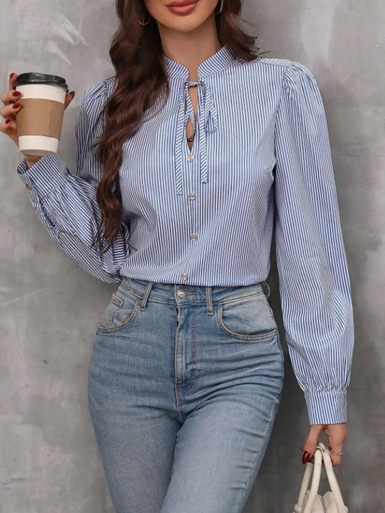 Women V - Neck Button Down S - XXL Long Sleeve Top Solid Color Striped Shirt Office Lady Work Clothes - UT KICK ASStop14:771#blue;5:100014064