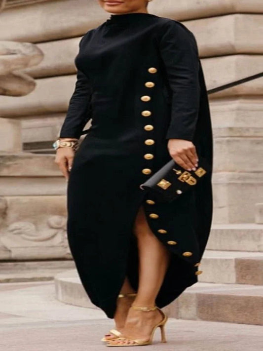 Women's Beautyblue Plus Size L - 5XL Black Dress Casual Asymmetric Buttoned High Neck Split - Side Long Sleeves Female Maxi Dresses - UT KICK ASSLadies Dress14:193#BLACK;5:23800842157