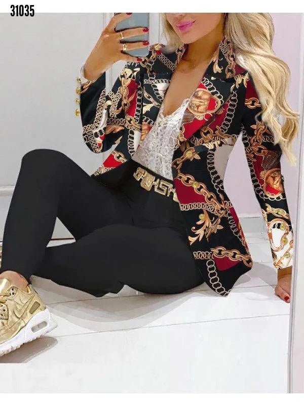 Womens Casual Stripe Print Suit Coat Pants Set S - 2XLOffice Lady Fashion Elegant Long Sleeve Top Trousers Two Piece Set Women Outfit 2023 - UT KICK ASSSETS14:10;5:4182