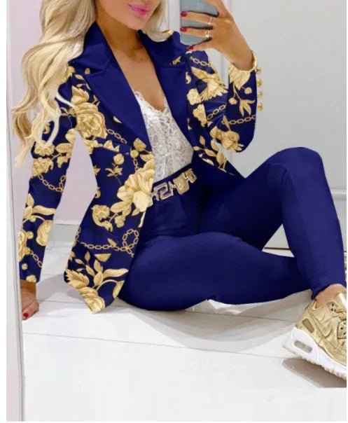 Womens Casual Stripe Print Suit Coat Pants Set S - 2XLOffice Lady Fashion Elegant Long Sleeve Top Trousers Two Piece Set Women Outfit 2023 - UT KICK ASSSETS14:200004870;5:100014065